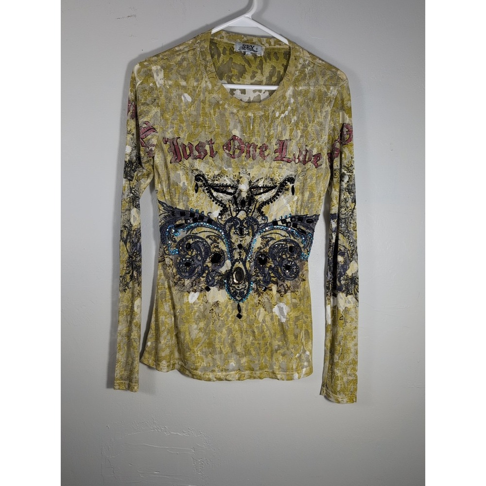 Spy‎ Zone Exchange Long Sleeve Tee Top  Rhinestones Scoop Neck Size S